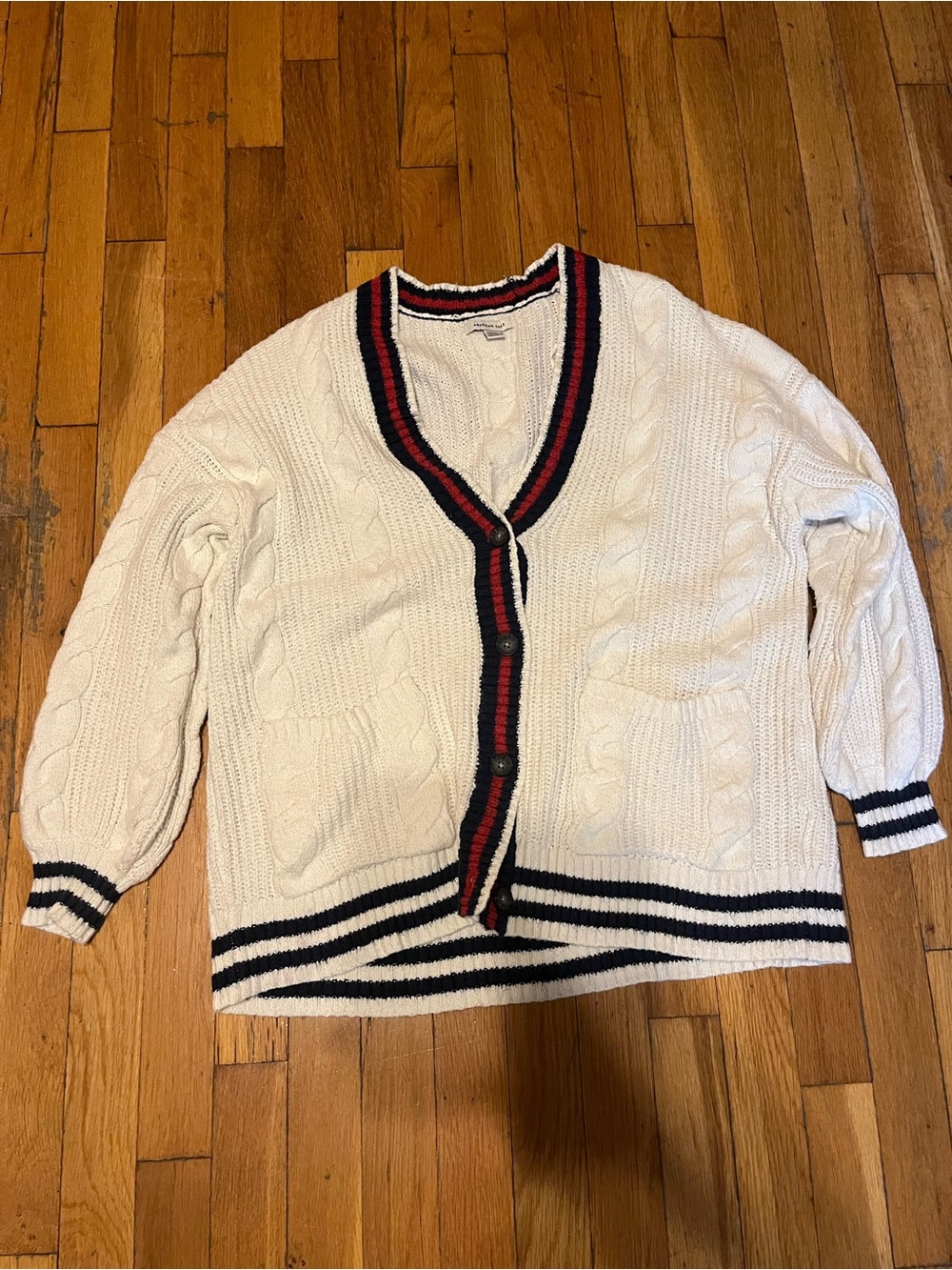 American Eagle Outfitters Cream Cable Knit Cardigan with Navy & Red Trim